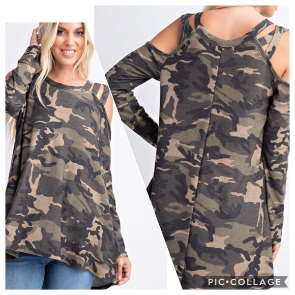 SALE!! 1 Left! Diva Plus! Camouflage Cold Shoulders Top - Picture 2 of 4